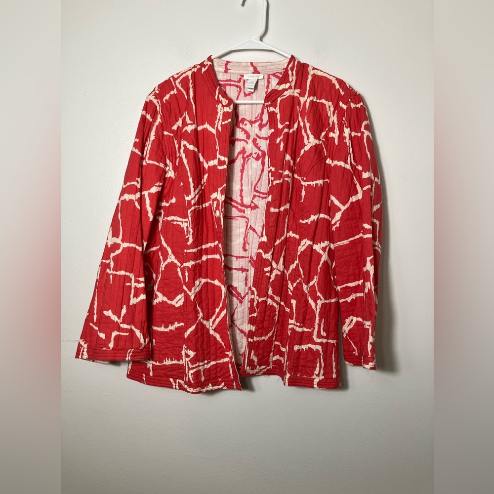 Chico’s Quilted Cotton Jacket Sz Large‎ Red Open Front Cottage Coastal Grandma